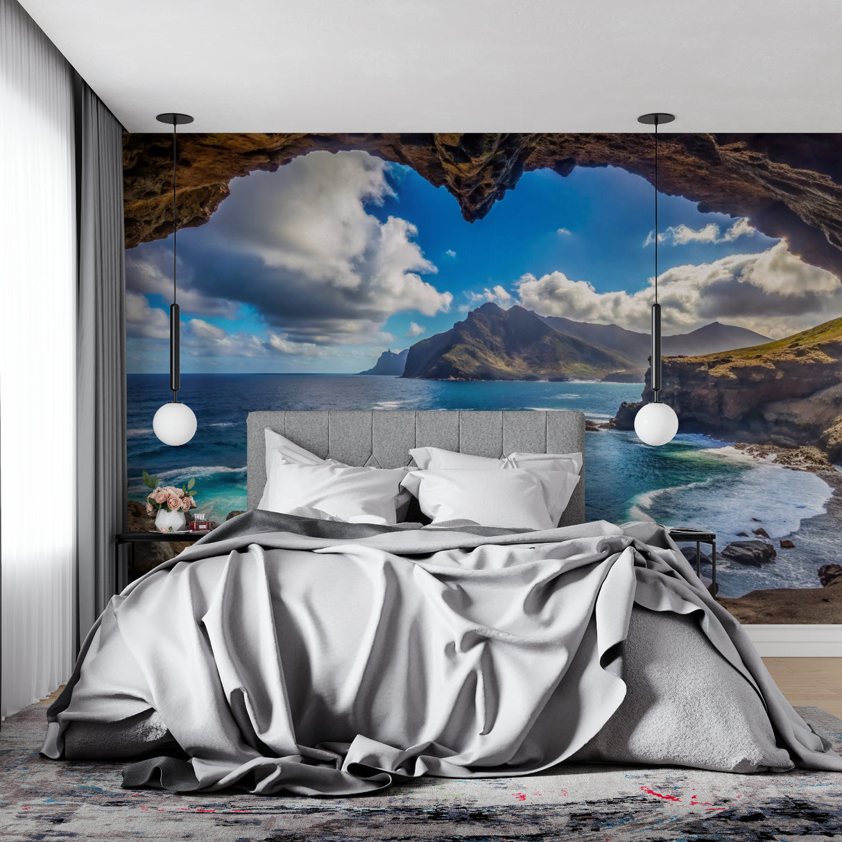 Coastal cave mural in master bedroom showing mountain views and turquoise waters