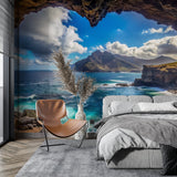 Ocean vista wallpaper transforming home office with coastal cave views