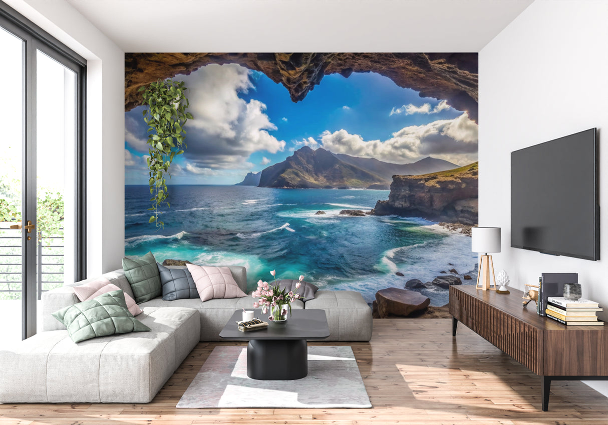 Cave opening mural in bathroom creating spa-like coastal atmosphere