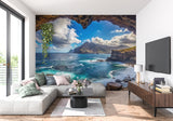 Cave opening mural in bathroom creating spa-like coastal atmosphere