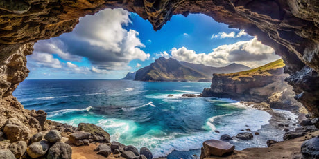 Ocean cave wallpaper design file showing detailed coastal landscape and mountain view