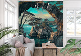 Beach cave wallpaper in dining room showing scale and perspective