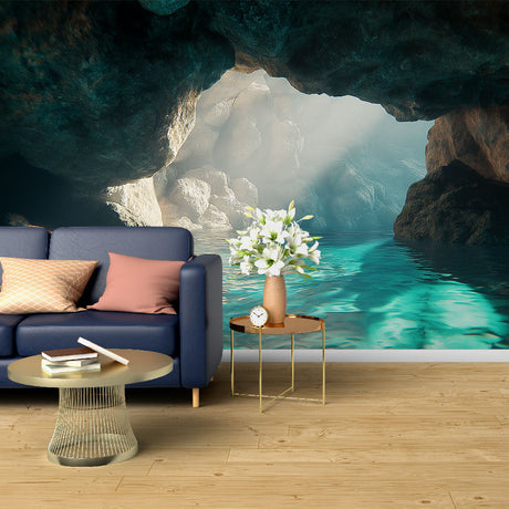 Ocean cave mural wallpaper bringing coastal charm to a modern bathroom, with turquoise waters reflecting on white walls