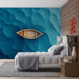 Ocean waves wallpaper creating a calming atmosphere in a modern living room, with turquoise and blue tones adding depth