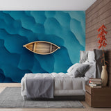 Ocean waves wallpaper creating a calming atmosphere in a modern living room, with turquoise and blue tones adding depth