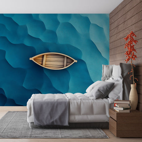 Ocean waves wallpaper creating a calming atmosphere in a modern living room, with turquoise and blue tones adding depth