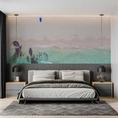 Ocean view wallpaper bringing coastal charm to a modern living room with natural light