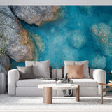 Ocean aerial wallpaper creating a stunning focal point in a modern coastal living room with natural light