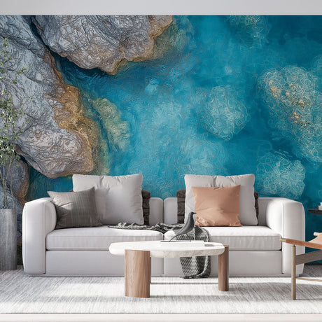 Ocean aerial wallpaper creating a stunning focal point in a modern coastal living room with natural light