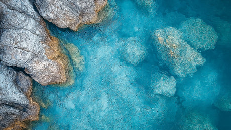 Aerial turquoise waters and rocky coast design file showing intricate ocean patterns and textures