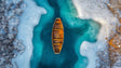 Ocean landscape wallpaper with wooden boat creates a peaceful atmosphere in modern living room with natural light