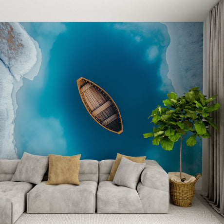 Ocean view wallpaper creating a peaceful atmosphere in a modern living room with white sofa and natural decor elements