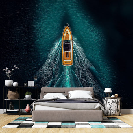 Ocean mural wallpaper with aerial yacht view transforms this modern living room into a luxurious coastal retreat