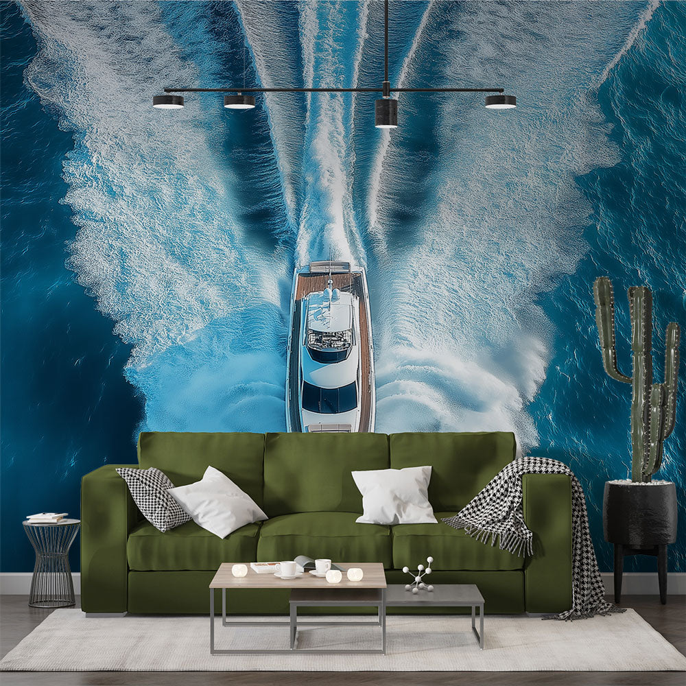 Luxury yacht wake wallpaper creating drama in modern living room with white furniture and ocean views