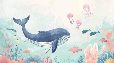 Ocean wallpaper design file showing detailed whale and jellyfish pattern in watercolor style
