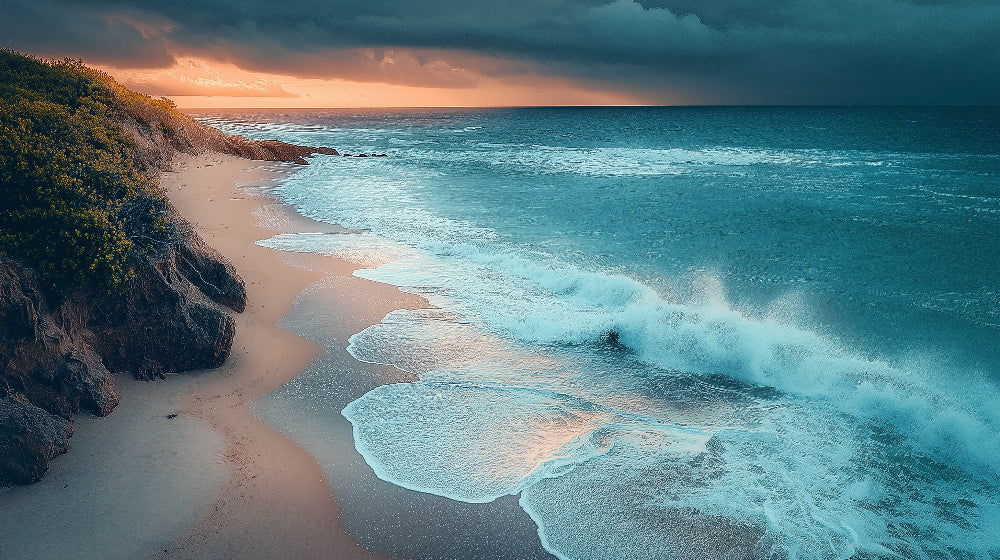 Beach scene wallpaper design file showing detailed coastal sunset with dramatic sky and rolling waves