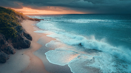 Beach scene wallpaper design file showing detailed coastal sunset with dramatic sky and rolling waves
