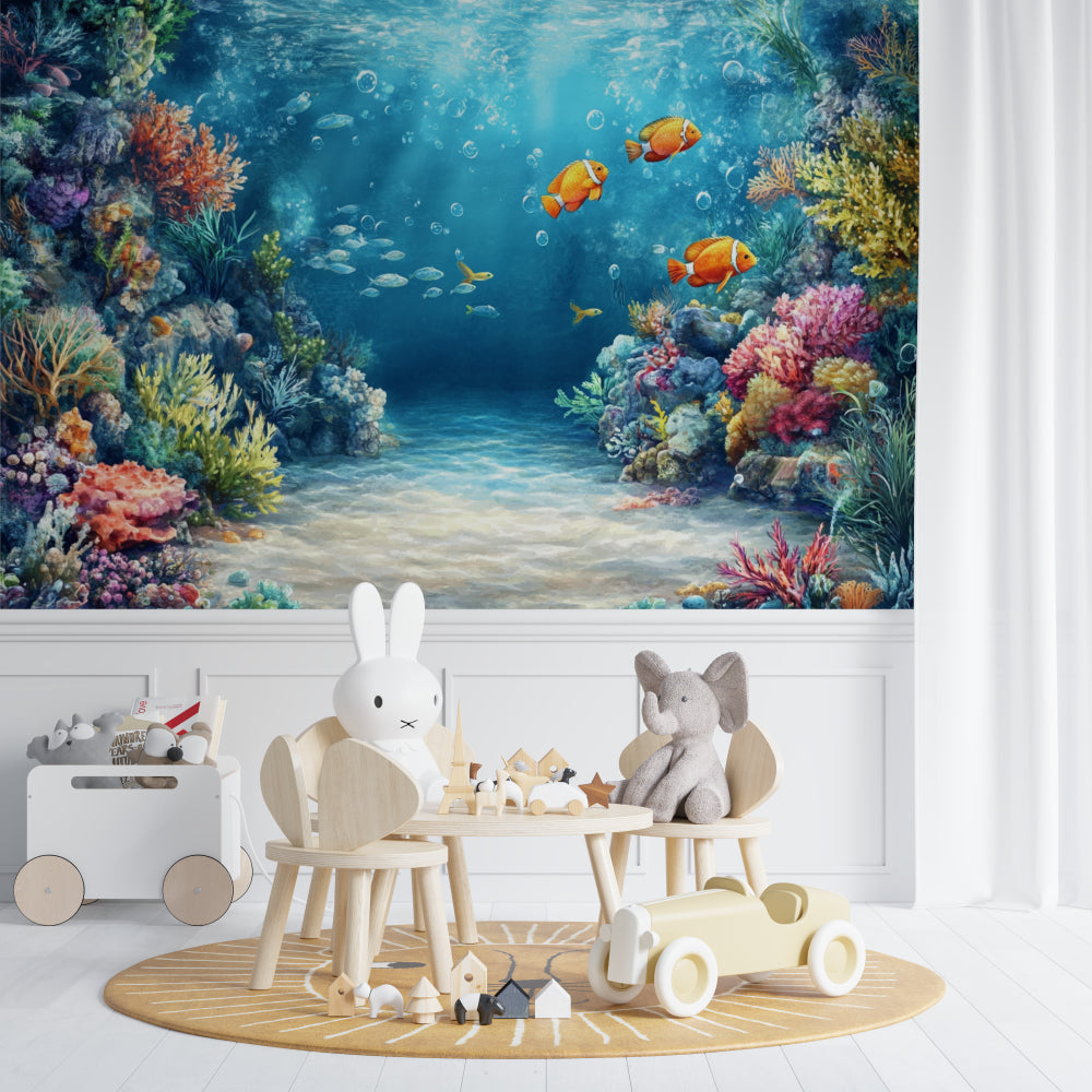 Coral reef wallpaper in bright modern bathroom showing vibrant orange clownfish among coral formations