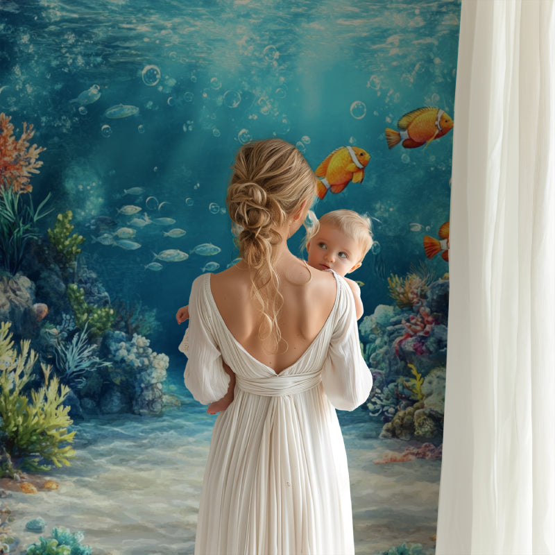 Underwater mural in kids bedroom with playful clownfish and coral reef design