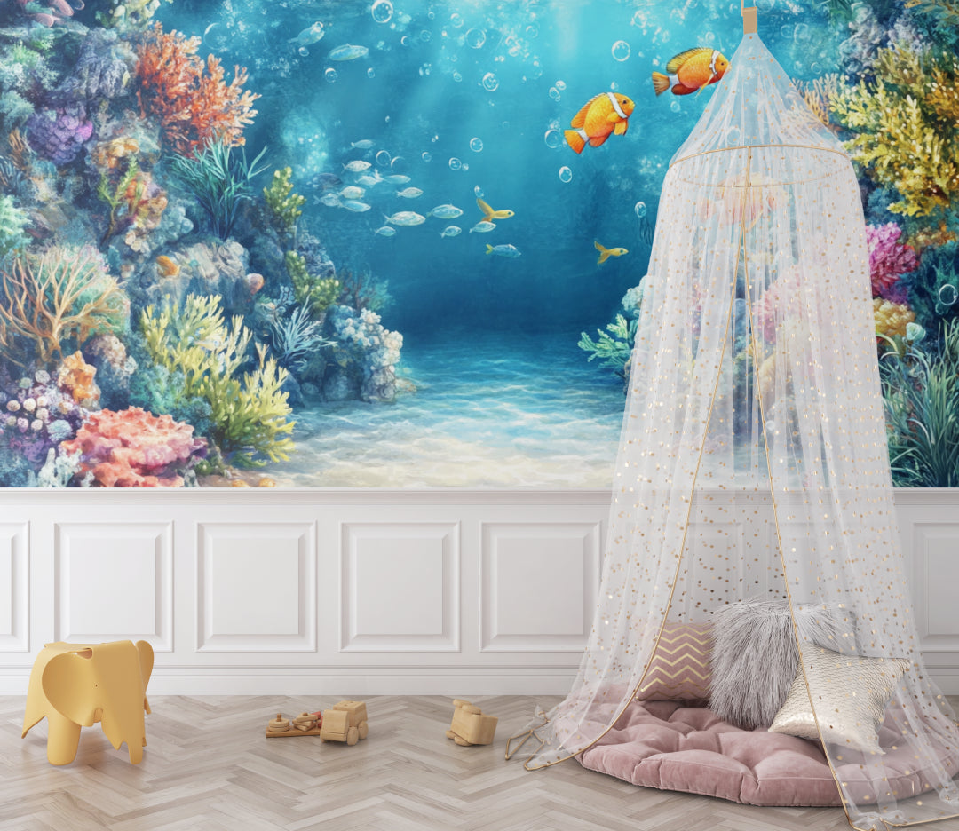 Marine life wallpaper creating depth in home office with coral reef scene