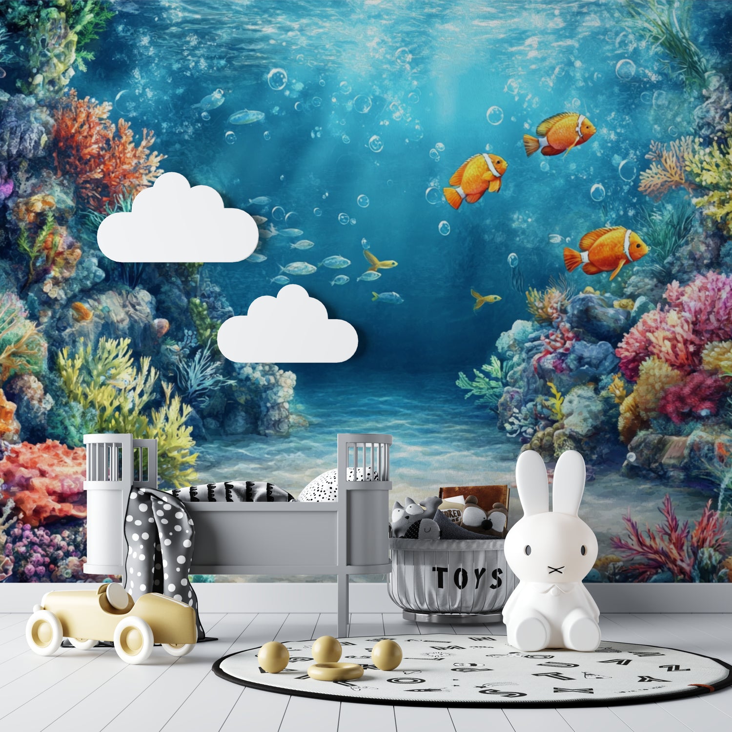 Ocean mural featuring clownfish in living room showing scale and vibrancy