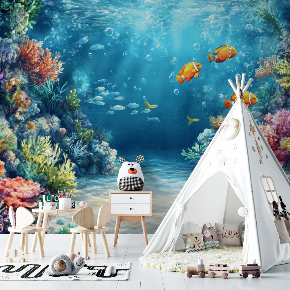 Coral reef wallpaper installed in restaurant showing underwater scene atmosphere