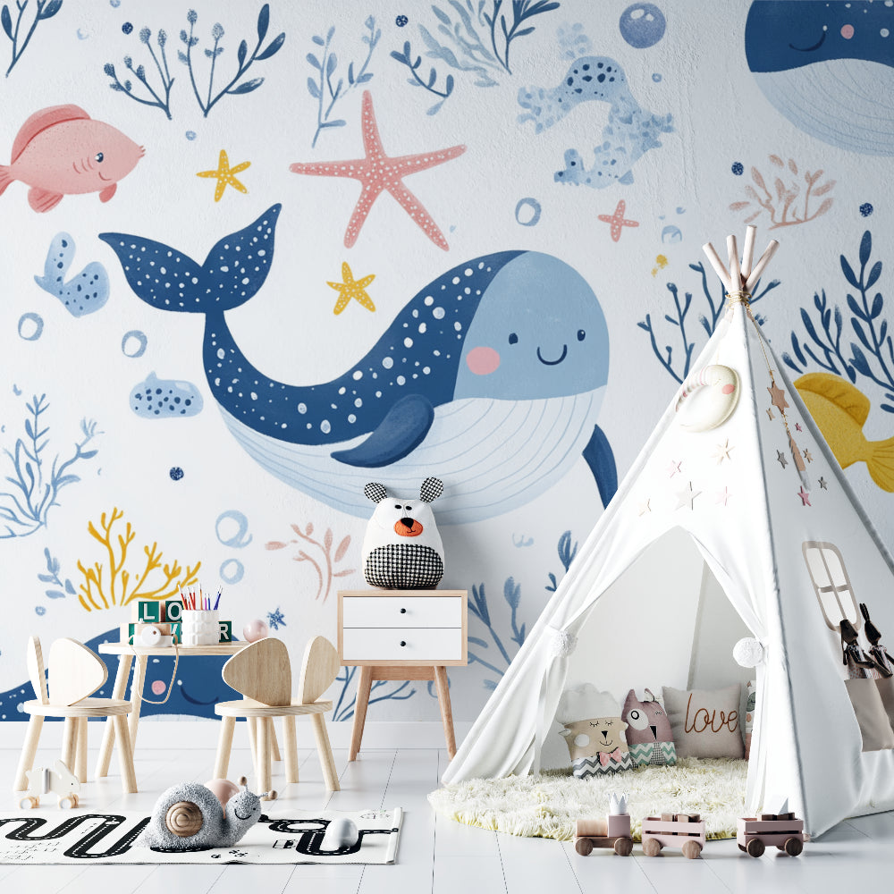 Reading nook with marine animals wallpaper showing playful underwater scene