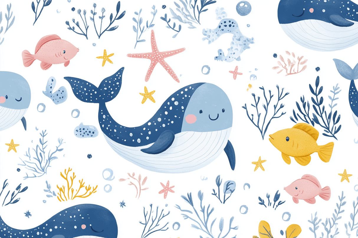 Marine animals wallpaper design file showing detailed pattern of whales, fish and coral elements