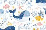 Marine animals wallpaper design file showing detailed pattern of whales, fish and coral elements