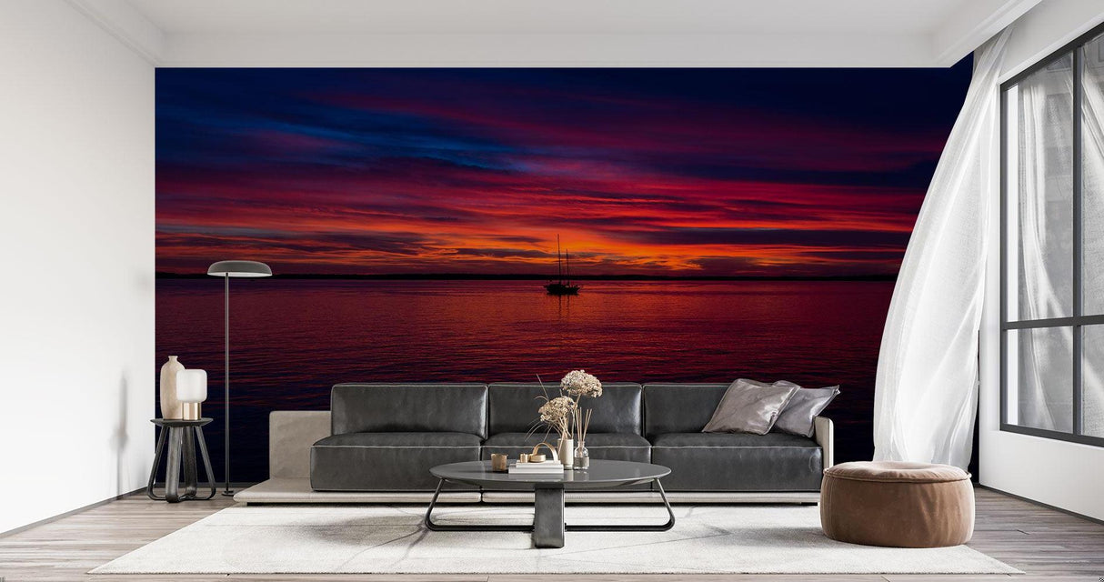 Ocean view wallpaper transforming a home office with warm sunset colors