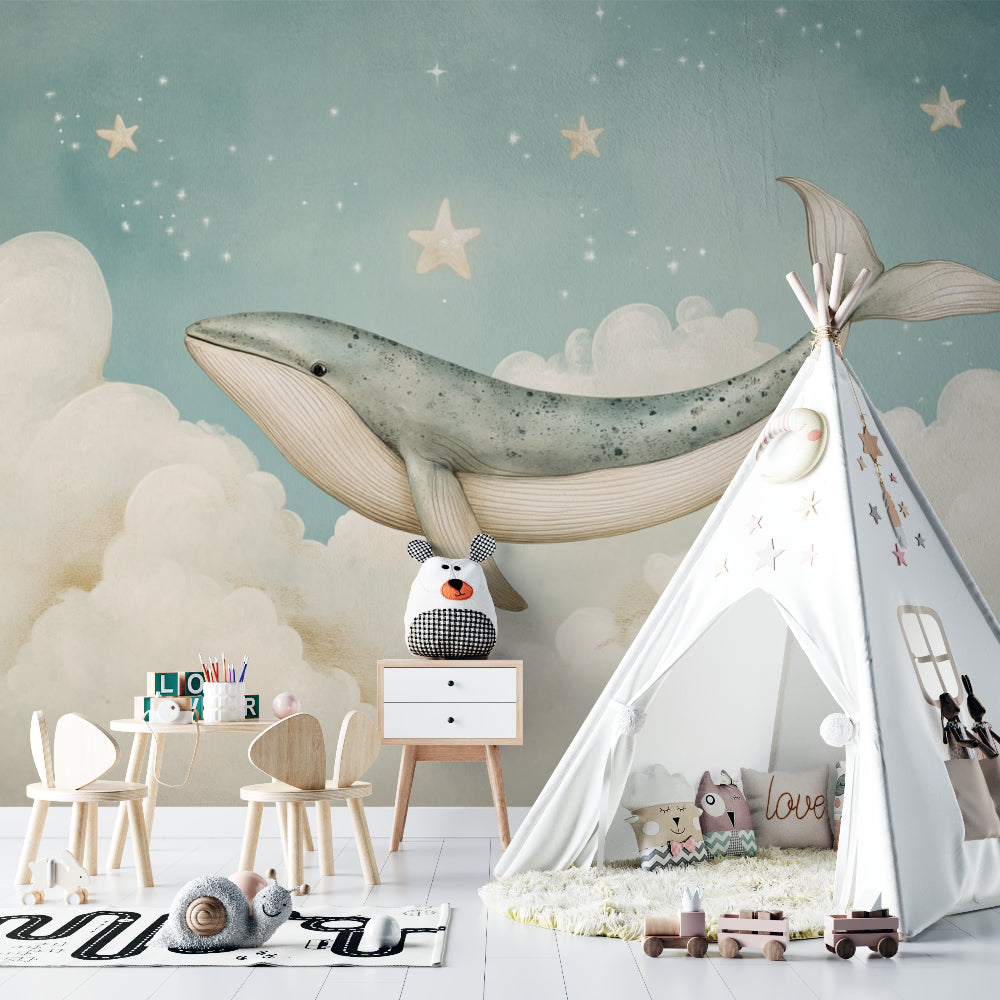 Whale nursery wallpaper creating a magical atmosphere in a modern nursery with soft mint walls and wooden furniture