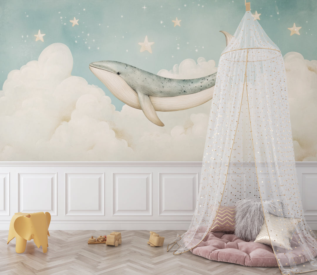 Marine animal wallpaper displayed in a cozy reading nook with natural lighting