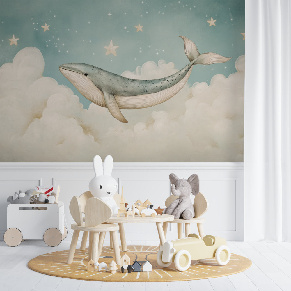 Dreamy whale wallpaper installation in a modern playroom setting
