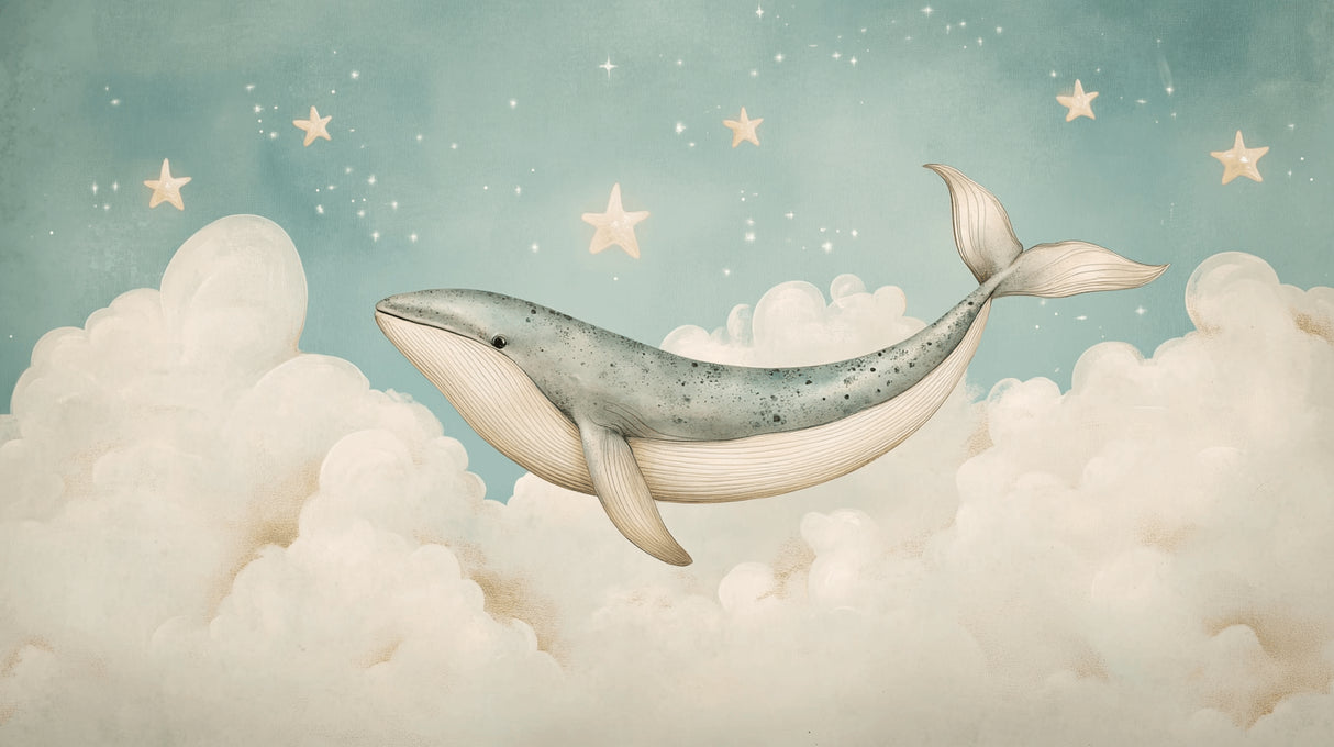 Design file showing detailed whale pattern with stars and clouds on mint background