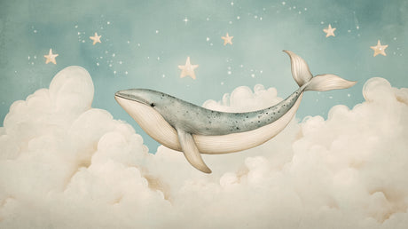 Design file showing detailed whale pattern with stars and clouds on mint background