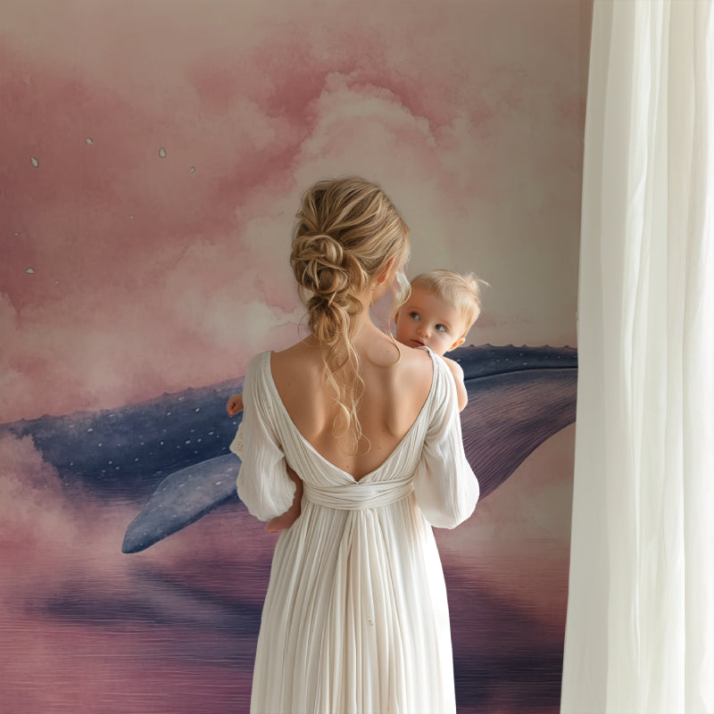 Ocean theme wallpaper with whale in child's bedroom showing full wall installation