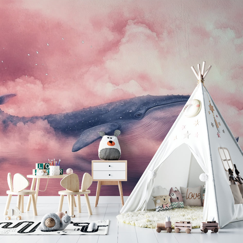 Marine animals wallpaper featuring whale in reading nook with soft lighting