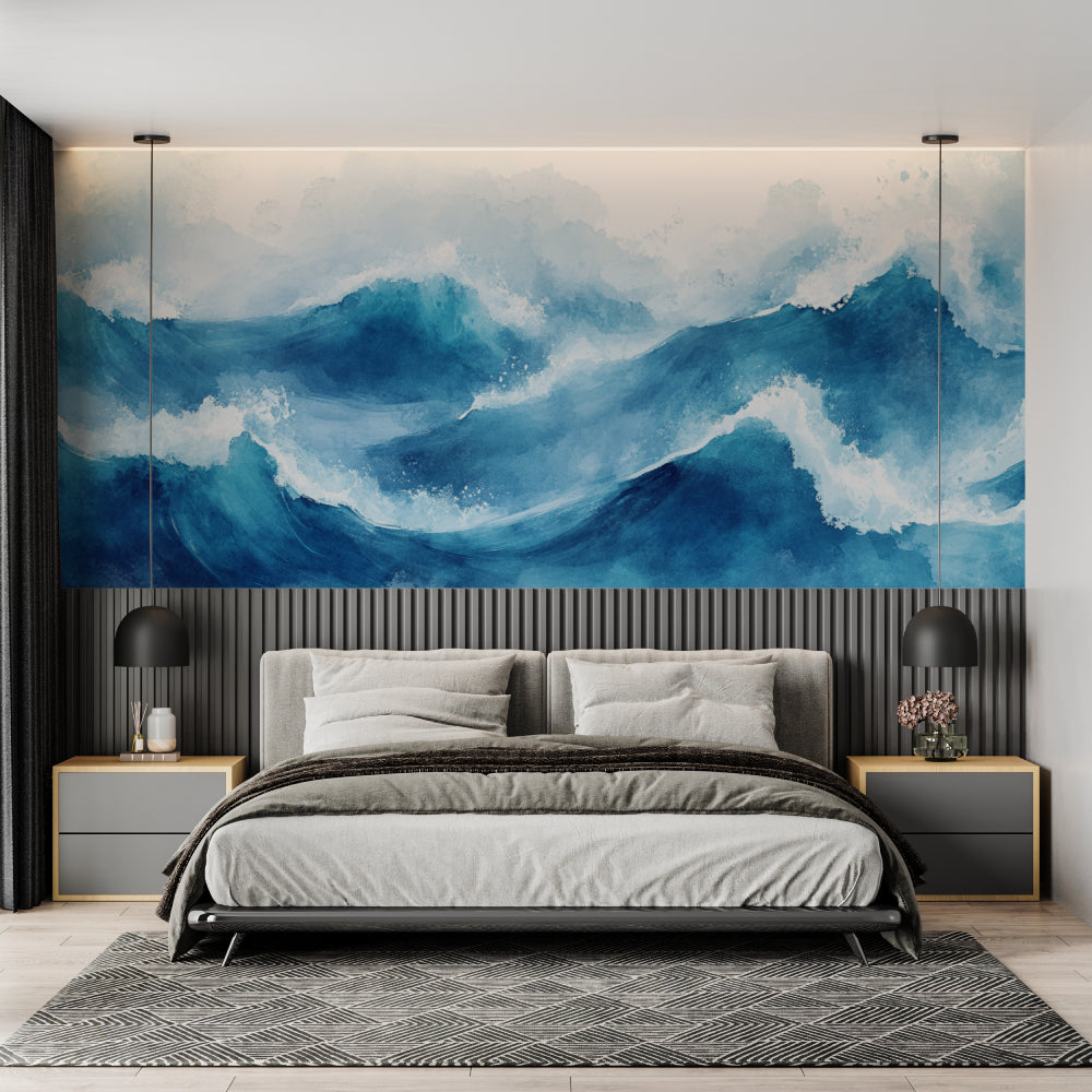 Ocean wave wallpaper creating depth in modern living room with white furniture