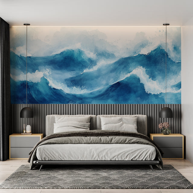 Ocean wave wallpaper creating depth in modern living room with white furniture