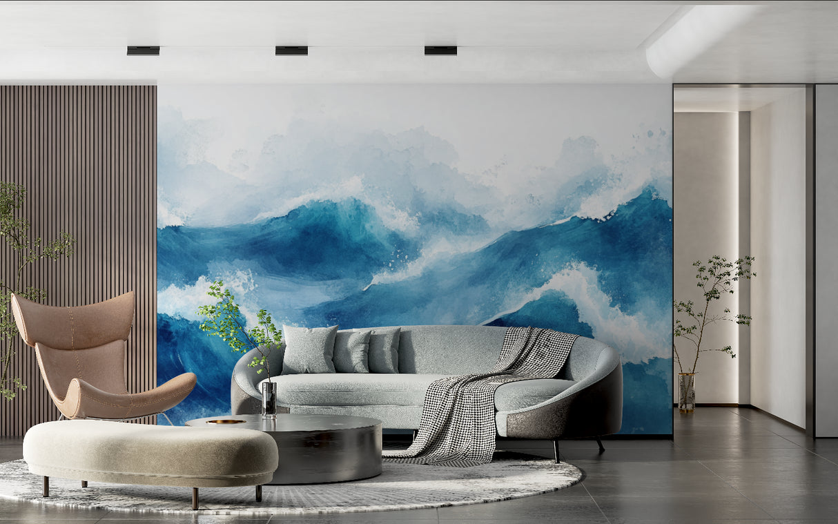 Ocean mural wallpaper making statement in minimalist dining room