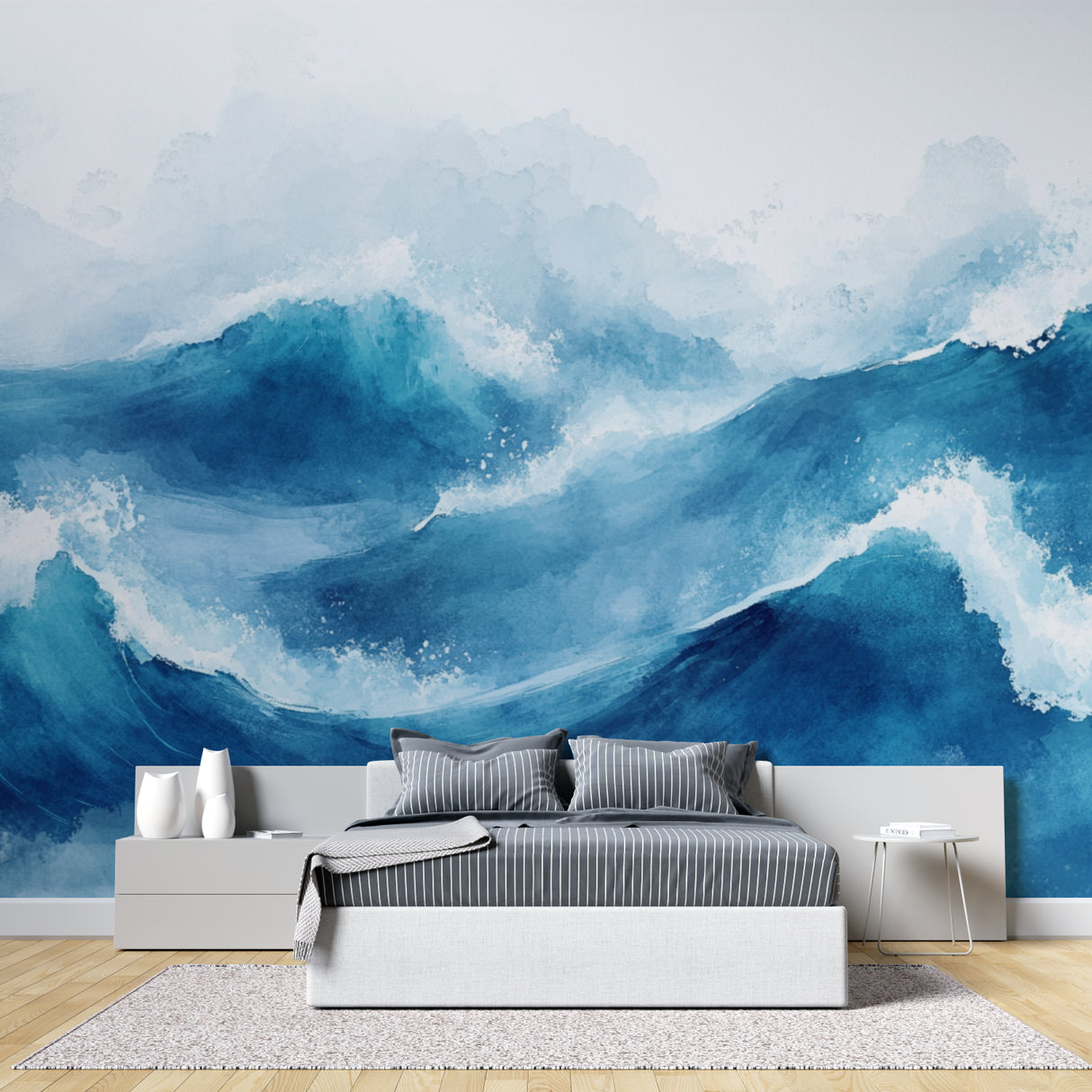 Watercolor wave wallpaper transforming home office space