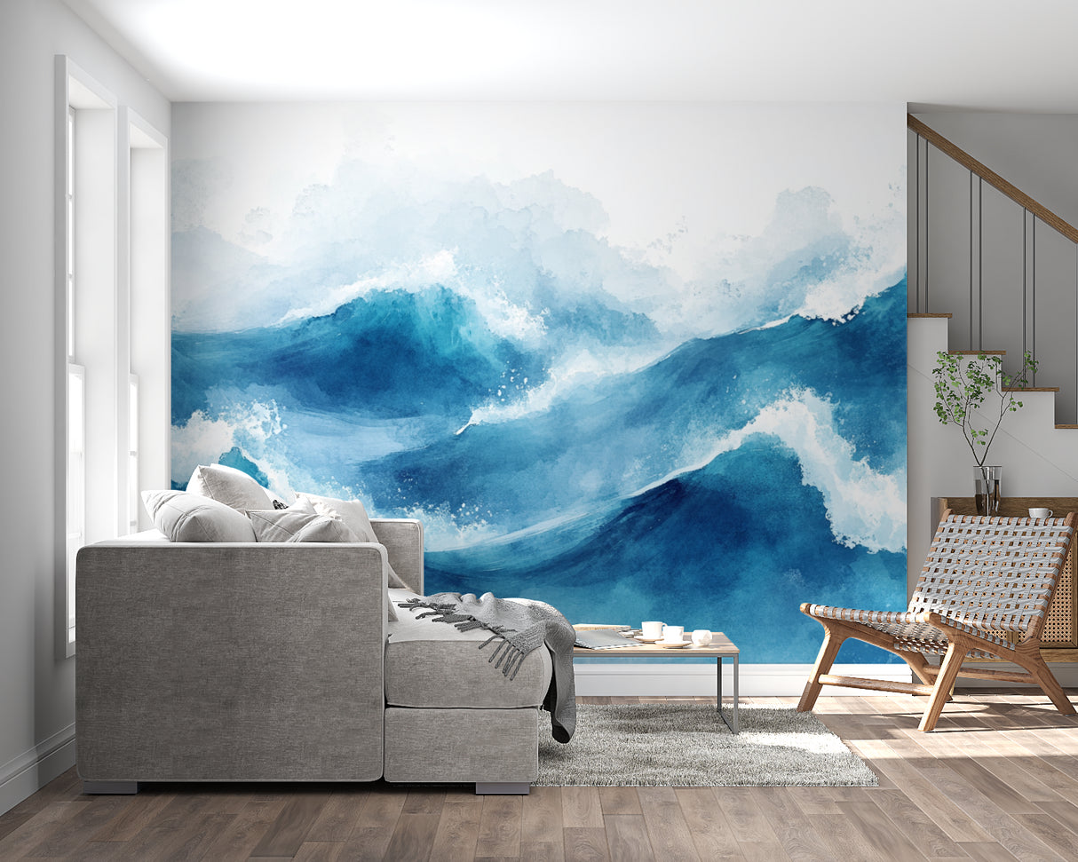 Ocean wave mural adding movement to modern bathroom design