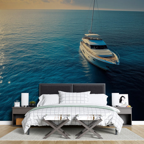 Ocean mural wallpaper creating a stunning focal point in a modern living room, golden sunset light streaming through windows