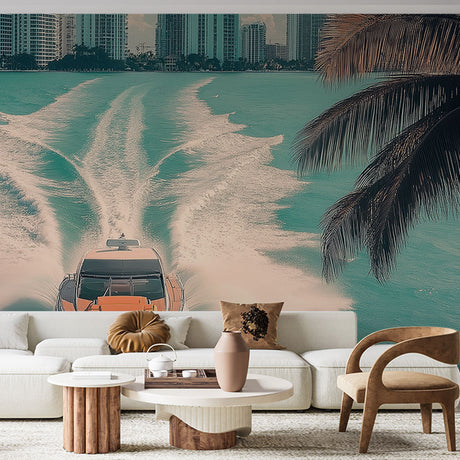 Ocean mural wallpaper creating a stunning coastal atmosphere in a modern living room with white furniture and natural light