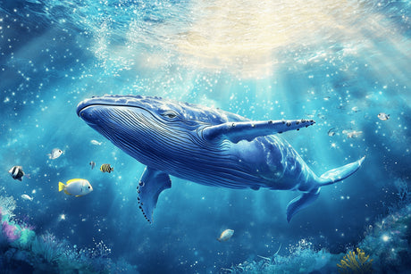 Detailed design file of majestic blue whale swimming through crystal clear waters