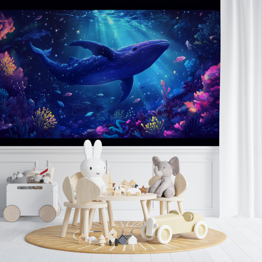 Blue whale underwater wallpaper creating a magical atmosphere in a modern living room with soft lighting