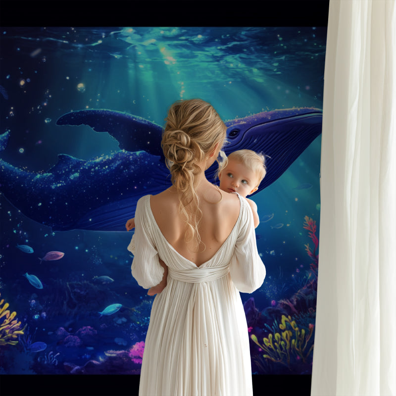 Underwater whale mural bringing ocean vibes to a cozy bedroom with natural light