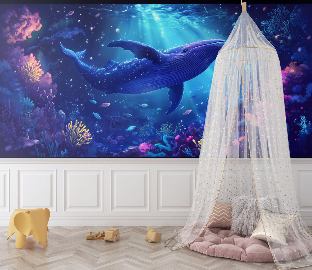Ocean scene wallpaper transforming a kids playroom into an underwater adventure