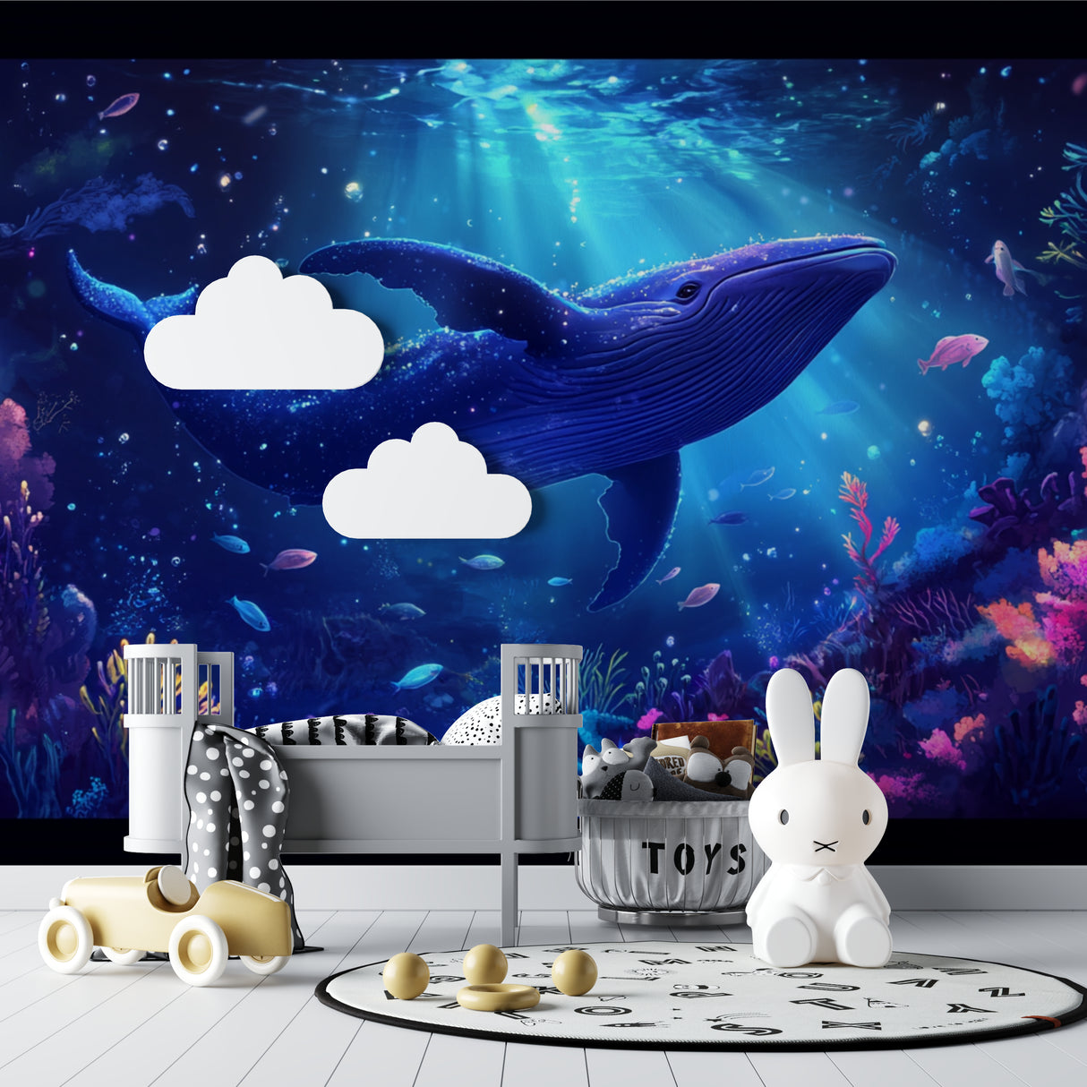 Marine life wallpaper featuring blue whale in a peaceful home office setting