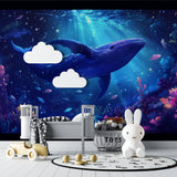 Marine life wallpaper featuring blue whale in a peaceful home office setting